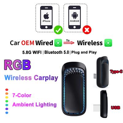 Цветной RGB беспроводной адаптер Carplay Smart AI Box Автомобильный OEM проводной Carplay к беспроводному USB-ключу Carplay MINI Car Play