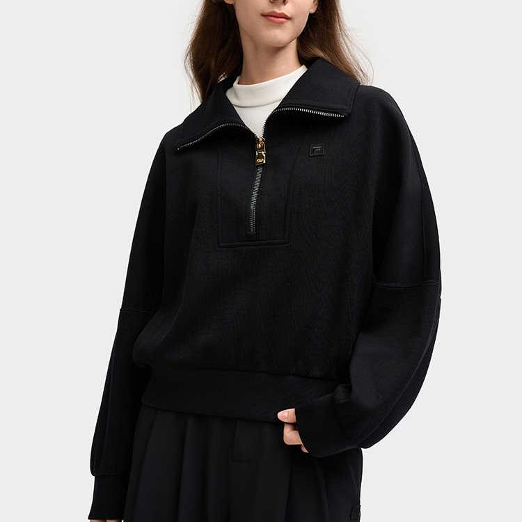 Fila Milano Italian Luxury Sports Collection Однотонный Повседневный Универсальный Свитшот-поло на молнии до половины Женский свитшот Черный F11W515212F-BK