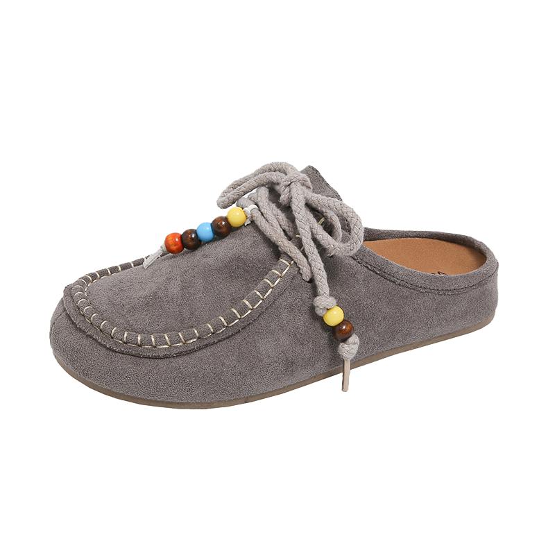 Женские туфли на плоской подошве с закрытым носком, с ремешком сзади, на шнуровке, с бисером, слипоны, с внутренней платформой, тапочки, универсальные, ретро, замшевые, женские туфли