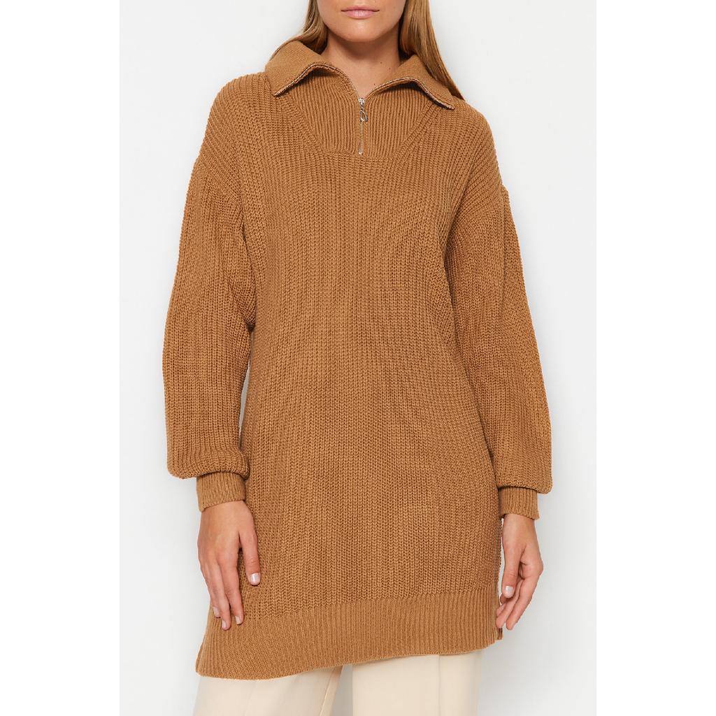 Верблюжий вязаный свитер с застежкой-молнией Tctaw24ak00137