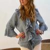 Women Shirt V-Neck 45355 Flying Sleeve Ruffle Stitching Design Solid Color Pullover Tops Loose Fit Casual