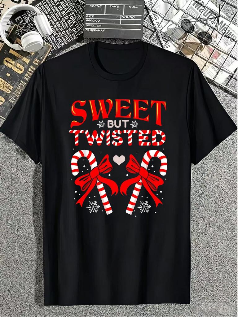 Men's T Shirt with Short Sleeves Featuring a Sweet Yet Twisted Candy Cane Design Casual Crew Neck Ma