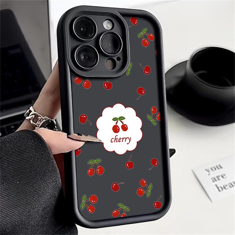 Для iPhone 16 Pro 15 14 Plus 13 12 Pro Max 11 Xs Xr 8 7 Cherry Pattern матовый ударопрочный мягкий TPU защита линз противоударный чехол конфетного цвета