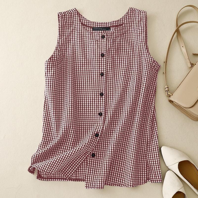 ZANZEA Женские летние рубашки без рукавов с круглым вырезом в контрастную клетку