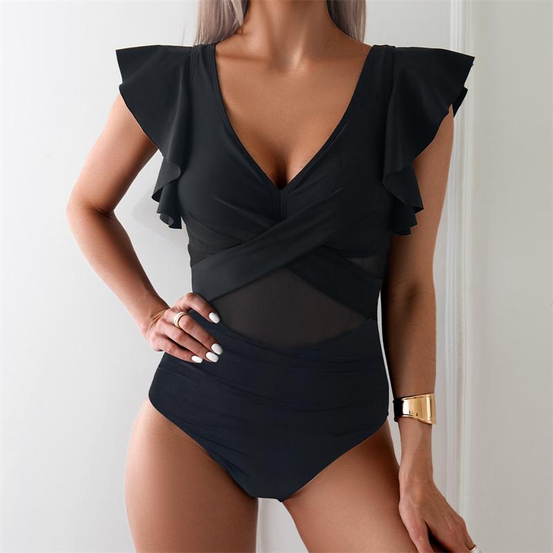 Однотонные купальные костюмы, летний купальный костюм с пуш-ап и v-образным вырезом, пляжное монокини, женский цельный купальник с рюшами, женский купальник