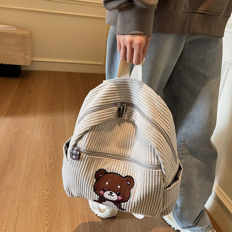 Bear Backpack Corduroy Student Schoolbag Women Cartoon Backpack