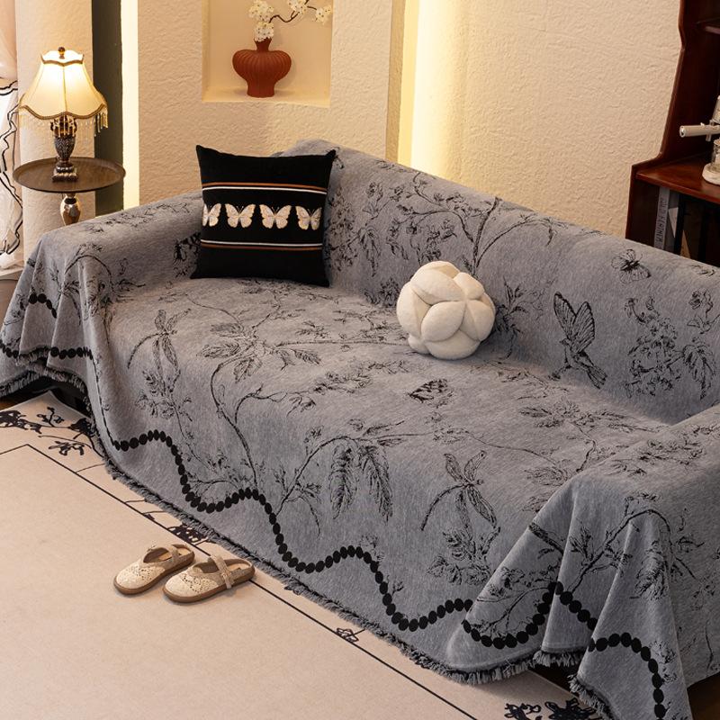 French Wave Striped Sofa Towel Plant Flower Pattern Chenille Settee Mat All Season UseAnti Cat Scratch Anti Slip Home Decoration