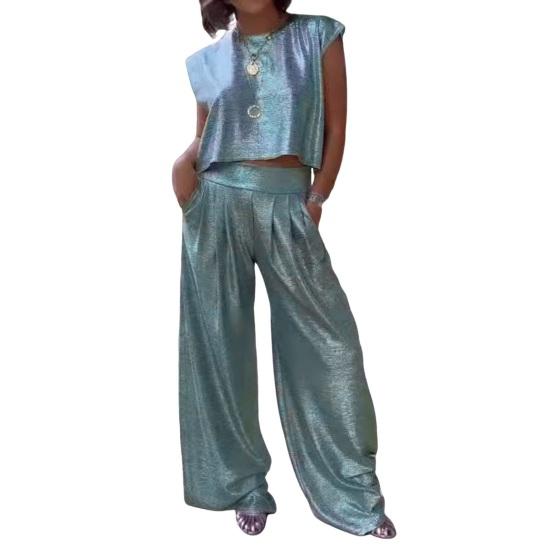 Женский глянцевый костюм из двух частей, укороченный топ без рукавов с круглым вырезом и широкими брюками, повседневный свободный комплект для отдыха