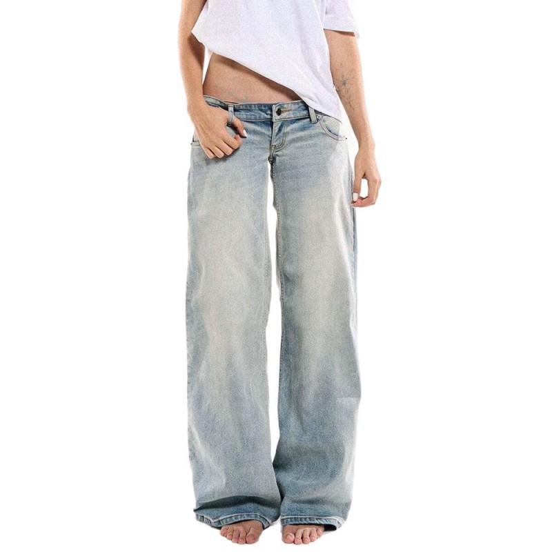 Womens Relaxed Fit Low Rise Distressed Washed Denim Jeans Wide Leg Tapered Long Pants Casual Streetwear