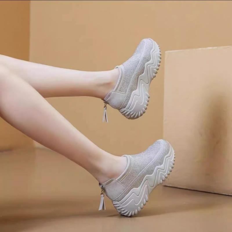 Fashion Full Drill Mid-heel Sneakers Women Fashion Round Head Suede Back Zipper Soft Sole Non-slip Low Top Single Shoes