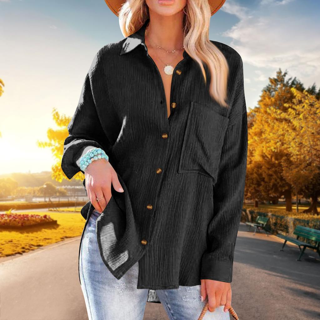 Women's Fashion Solid Color Loose Casual Single-Breasted Long Sleeve Shirt