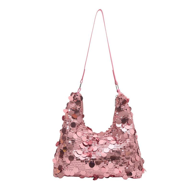 Street Style Womens Large Shoulder Bag With Glitter Sequins And Open Outer Pocket
