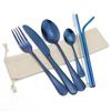 Travel Black Dinnerware Set 8Pcs Cutlery Sets Knives Forks Scoops Stainless Steel Straw Tableware Teaspoon Silverware Set White Bag