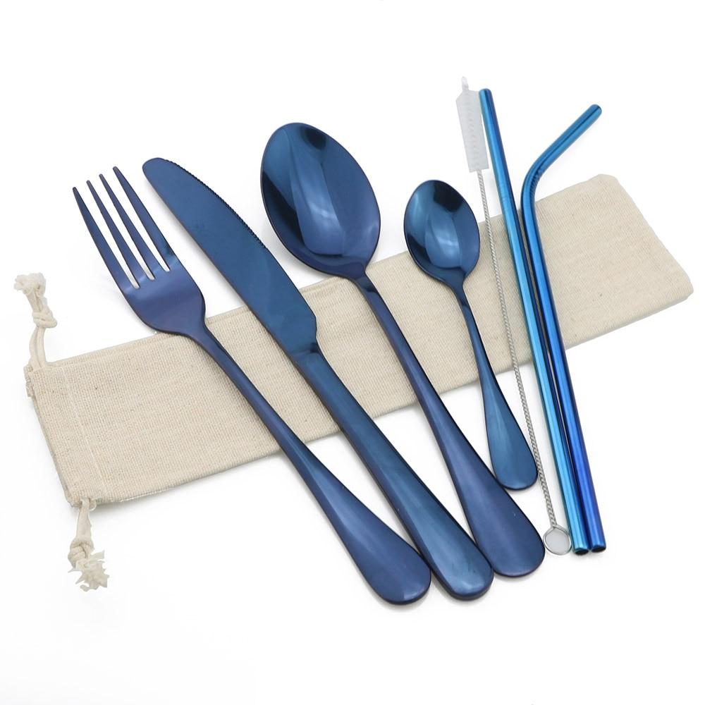 Travel Black Dinnerware Set 8Pcs Cutlery Sets Knives Forks Scoops Stainless Steel Straw Tableware Teaspoon Silverware Set White Bag