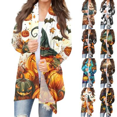 Женский модный повседневный кардиган средней длины с принтом на Хэллоуин, куртка, пальто