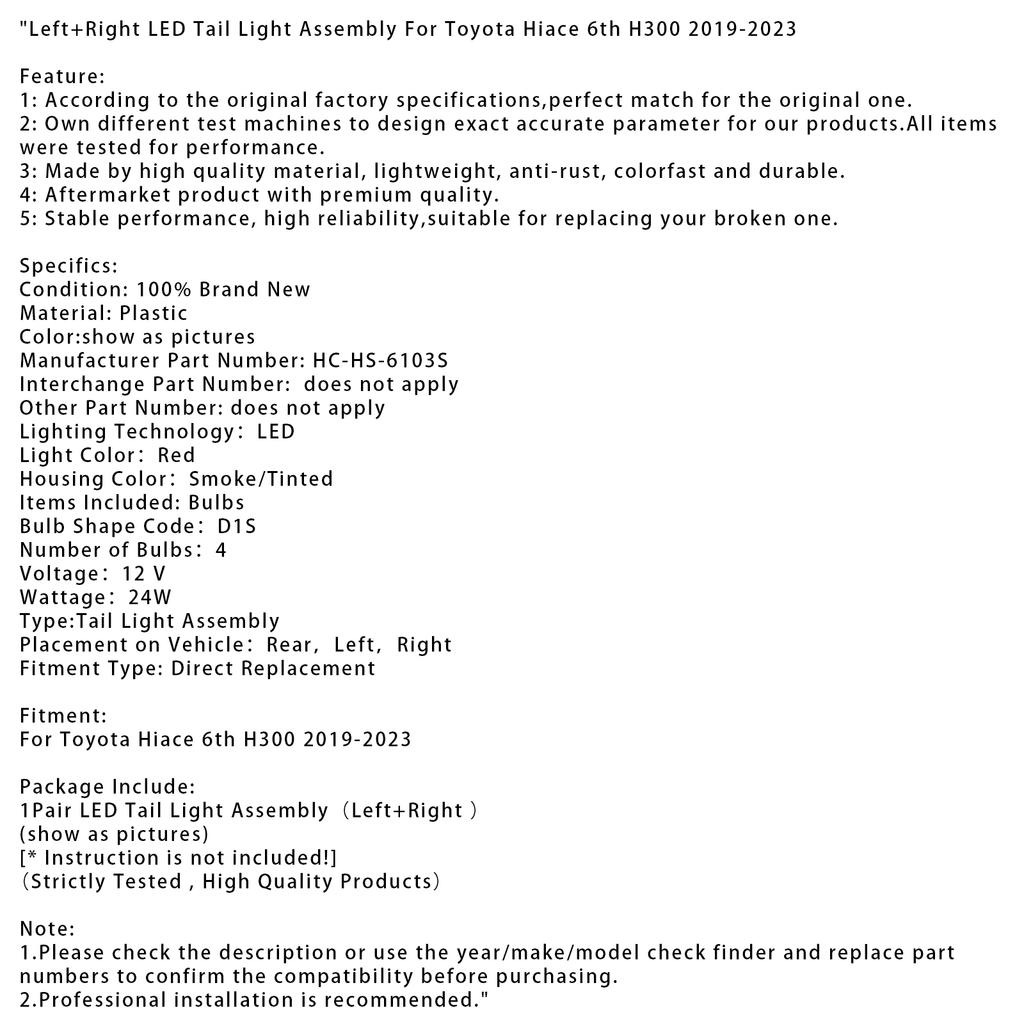 Left+Right LED Tail Light Assembly For Toyota Hiace 6th H300 2019-2023
