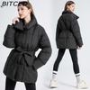 BITCED Укороченная хлопковая куртка Зимняя Свободного кроя Повседневная Теплая Стойка воротник С поясом Хлопковая куртка