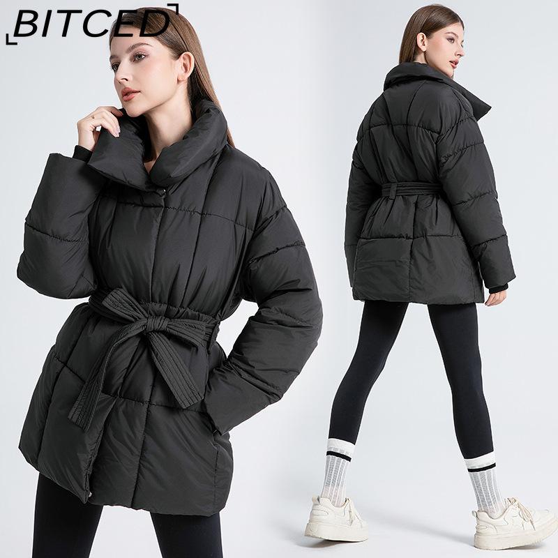 BITCED Укороченная хлопковая куртка Зимняя Свободного кроя Повседневная Теплая Стойка воротник С поясом Хлопковая куртка