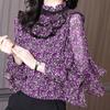Fashion Chiffon Shirt Spring Autumn Ruffle Edge Stitching Bottoming Blouse New Long Sleeved Thin Top M-4XL