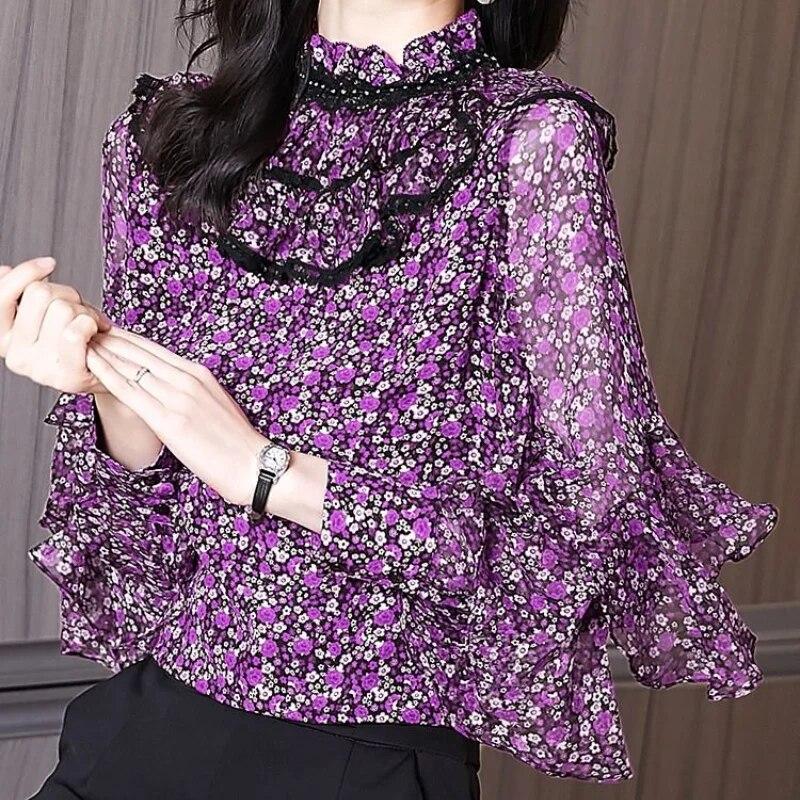 Fashion Chiffon Shirt Spring Autumn Ruffle Edge Stitching Bottoming Blouse New Long Sleeved Thin Top M-4XL