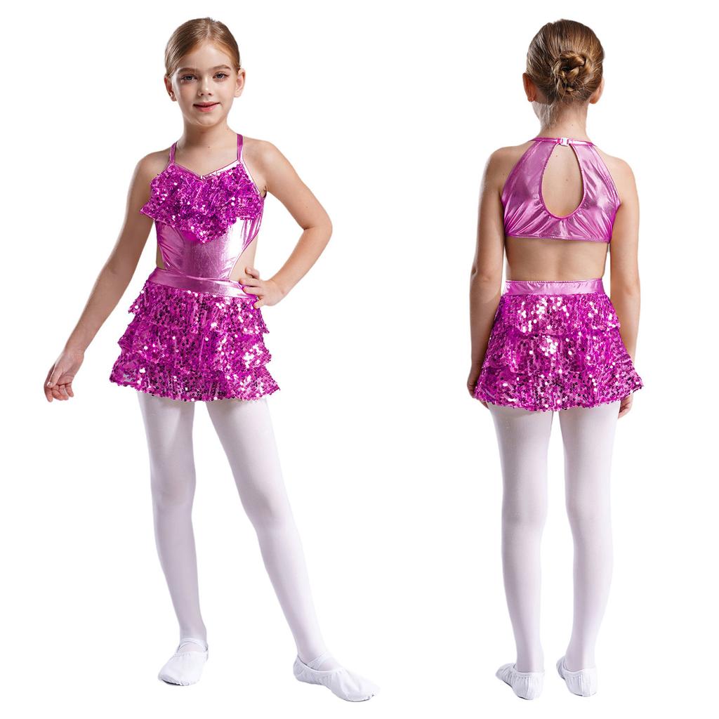 Girls V Neck Sleeveless Dance Dress Tiered Ruffle Sequins Cutout Back Stage Performance Costume