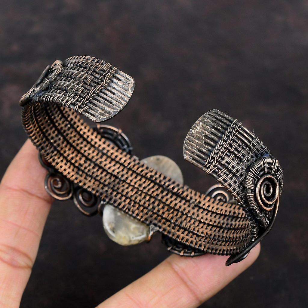 Plume Agate Gemstone Bangle Copper Wire Wrapped Cuff Bracelet Handmade Rainbow Moonstone Bangle Adjustable Cuff Bracelet Copper Wire Jewelry