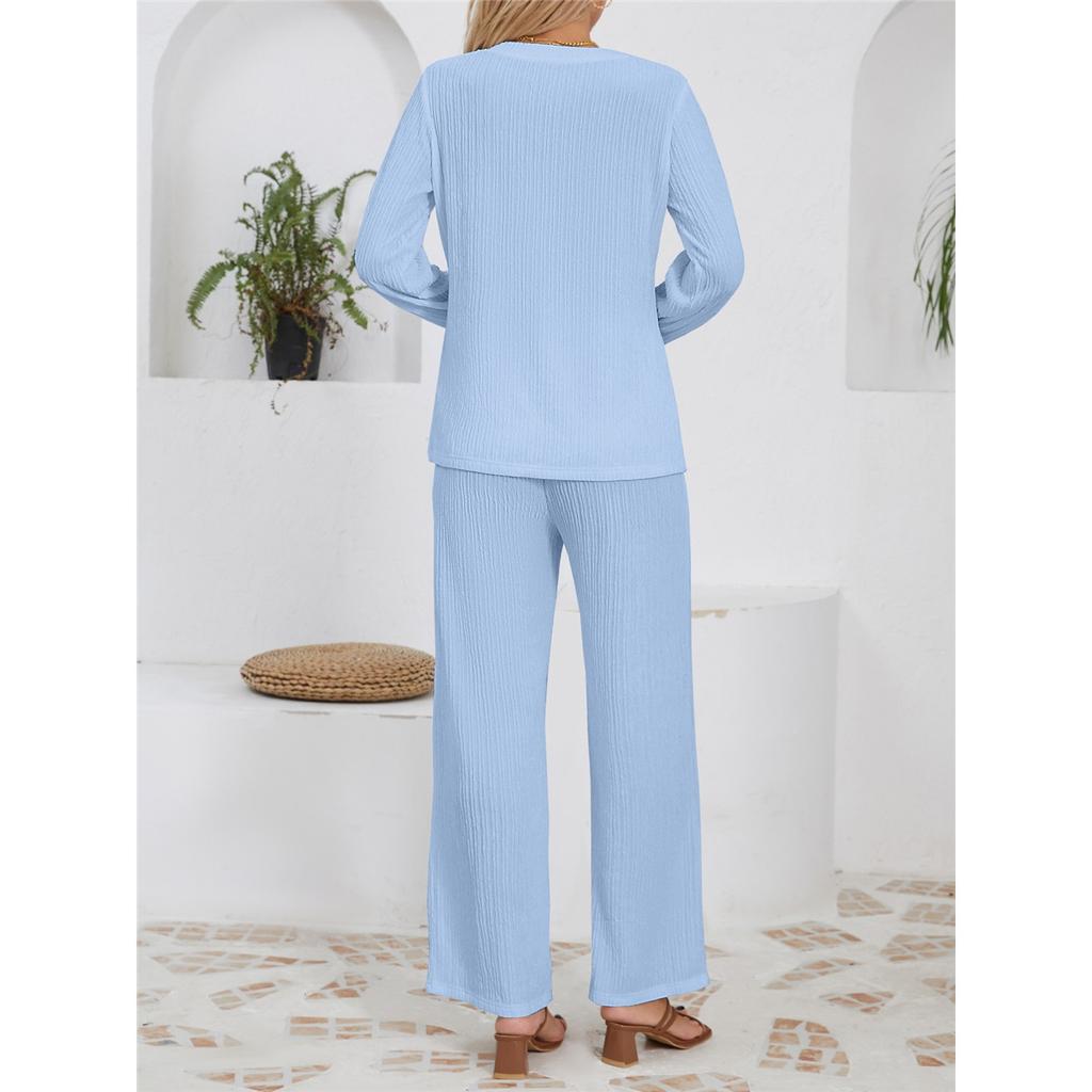 Женские комплекты свободного покроя из трикотажного жаккарда с длинными рукавами и круглым вырезом, брюки с высокой талией и завязками