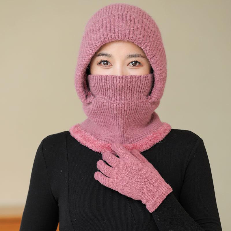 Rabbit Wool Blended Warm Hat Lady Mother Winter Scarf Mask One-piece Hat Middle Grandmother One-piece Hat