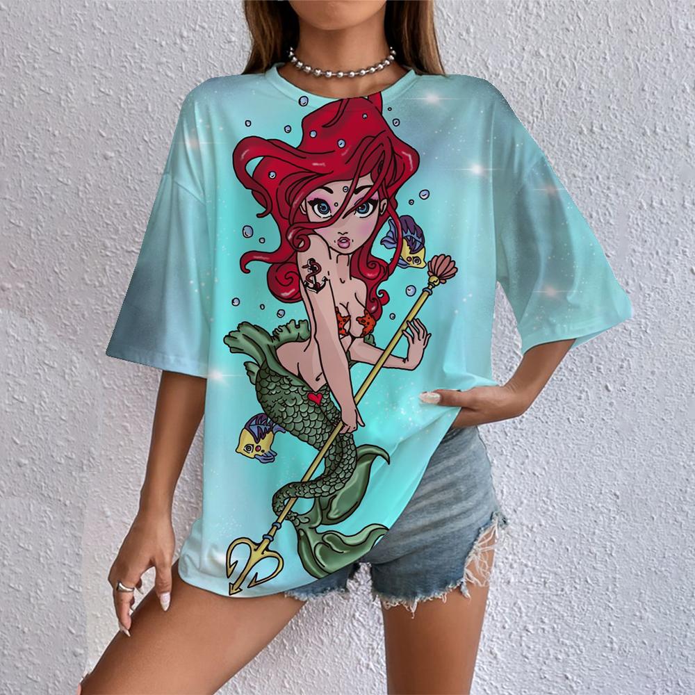 Женская футболка с мультяшным принтом Disney 2025, летняя футболка с коротким рукавом с принтом принцессы, повседневный топ в стиле Харадзюку с круглым вырезом