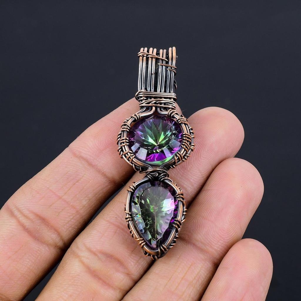 Подвеска с радужным мистическим топазом, ювелирное изделие из самоцвета, обернутое медной проволокой 999 пробы, подвеска ручной работы, на День благодарения