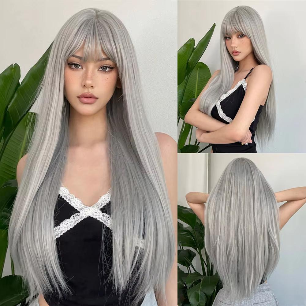 Best-selling black synthetic straight long wig for Halloween cosplay and daily use, high-temperature silk wig set