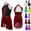 Kids Girls Shiny Rhinestone Decor Skating Dress Dancewear Sleeveless Lyrical Dance Gymnastics Leotard