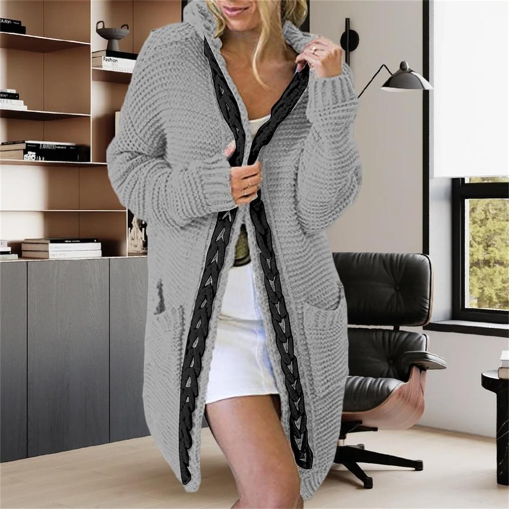 Женский осенне-зимний однотонный свободный вязаный свитер с карманом и капюшоном