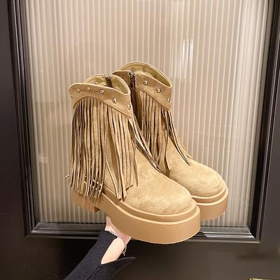 Модные женские ботильоны с кисточками и боковой молнией для улицы, износостойкие, осень-зима 2024, повседневные, удобные, на квадратном каблуке, женские ботинки