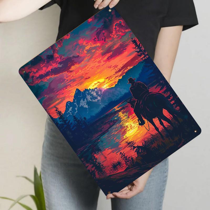 Western Cowboy Mountain Sunset Scenery Metal Tin Sign Home Decor Living Room Bedroom Wall Art Hanging Painting