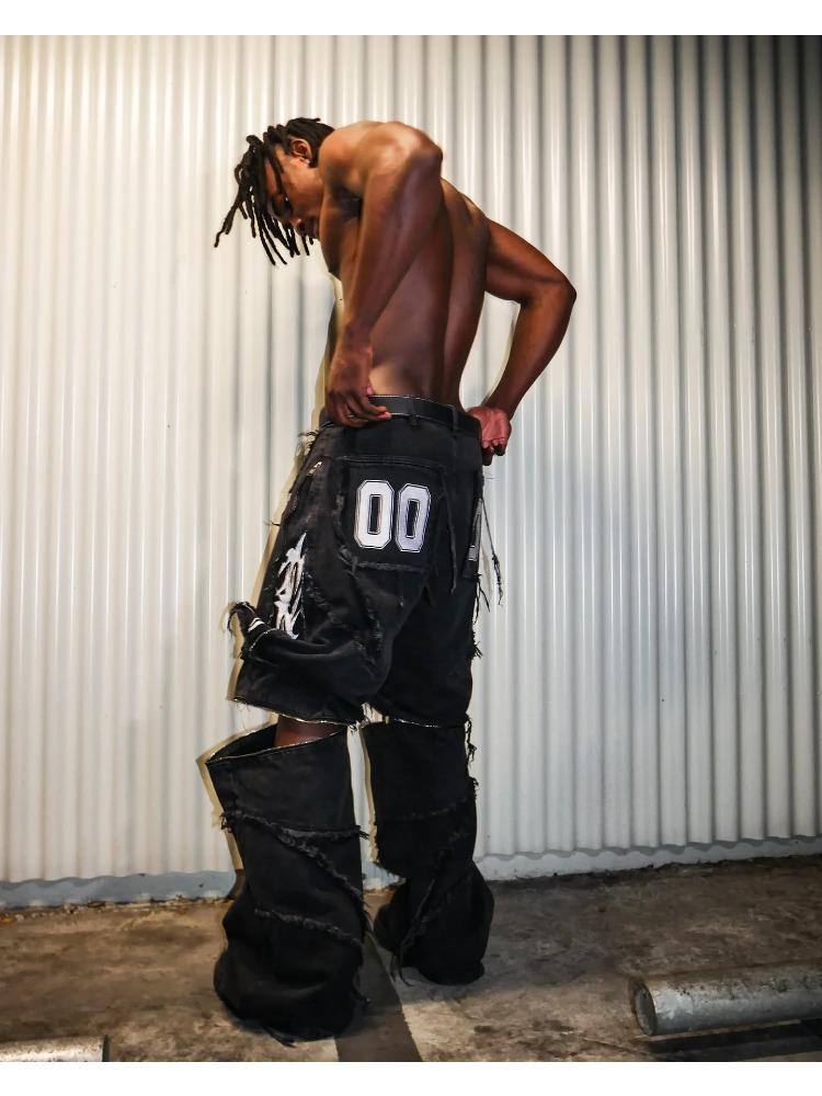 Мода Америка ретро-стрит молния пэчворк мешковатые джинсы мужские Y2k полоса вышивка сращивание черные джинсовые брюки хип-хоп джинсы