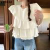 Elegant Women O Neck Short Sleeve Layers Pleating Solid Casual Blouse