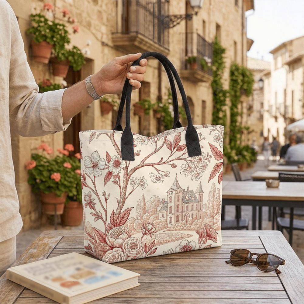 Vintage Floral Castle Printed Tote Bag Casual Large Capacity Daily Handbag