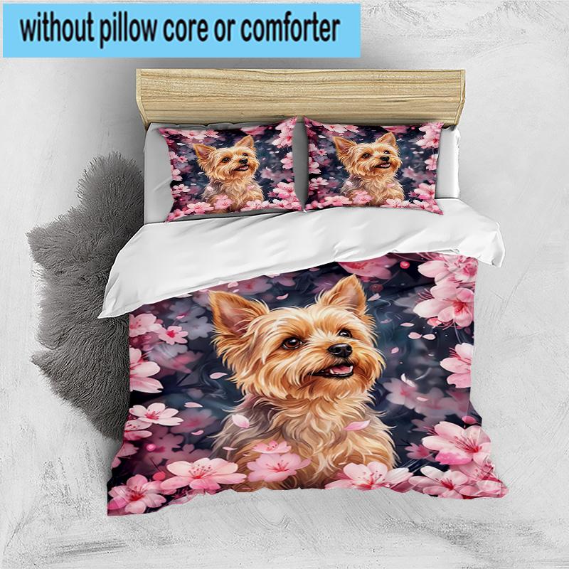 Cherry Blossom Yorkie 3pcs Bedding,Including 1pc Duvet Cover And 2pcs Pillowcases Perfect for Christmas,Ideal for Bedroom, Dormitory