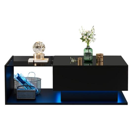 High-Gloss Black Coffee Table 100x50x32cm, with Glass Top And Drawers, Scratch-Resistant, with 1 Drawer, LED Light, Modern