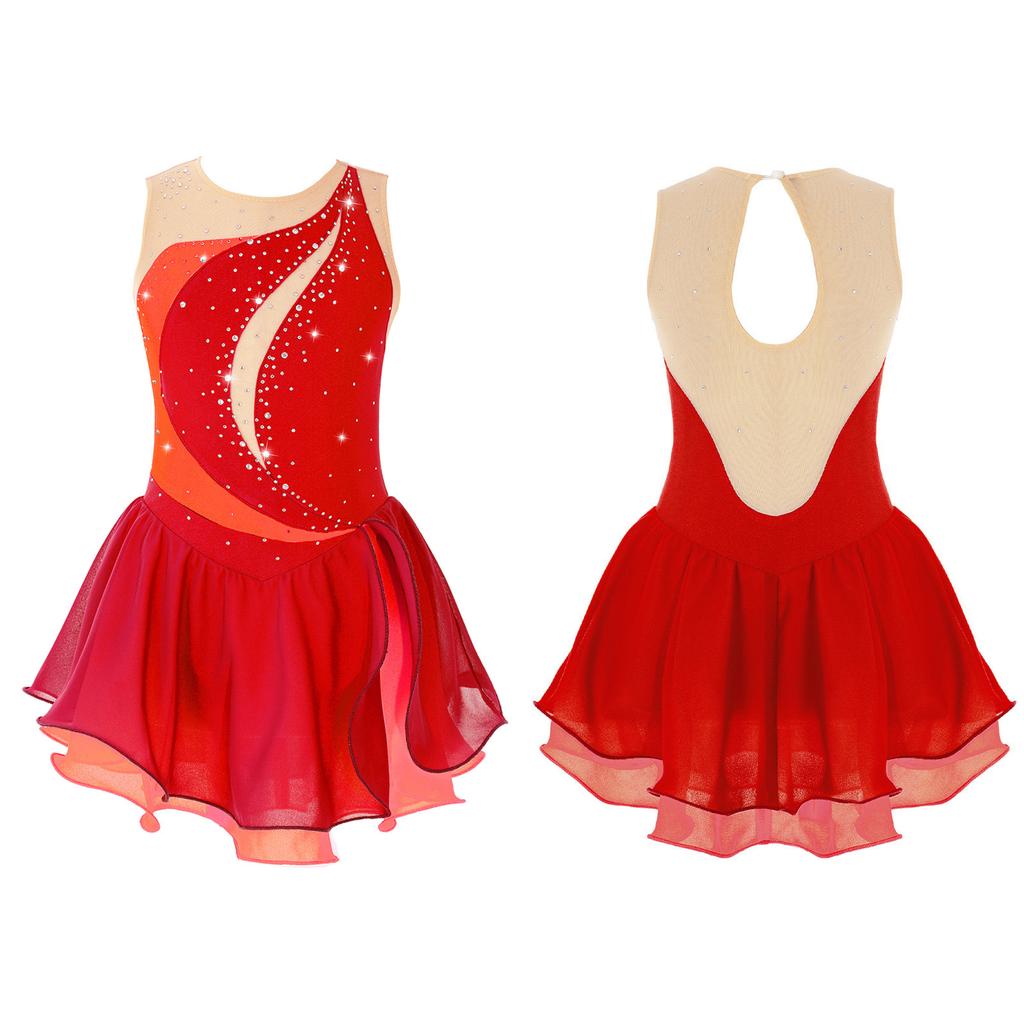 Girls' Figure Skating Dress Sleeveless Glitter Rhinestone Ballet Leotard Dress Competition Costume Gymnastics Suit