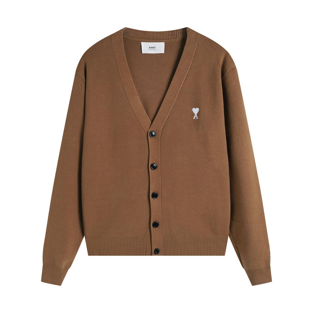 AMI Autumn and Winter New Little White Heart Alpaca Wool Blended Soft and Sticky Knitted Cardigan Round Neck Cloud Sweater Pocket Coat