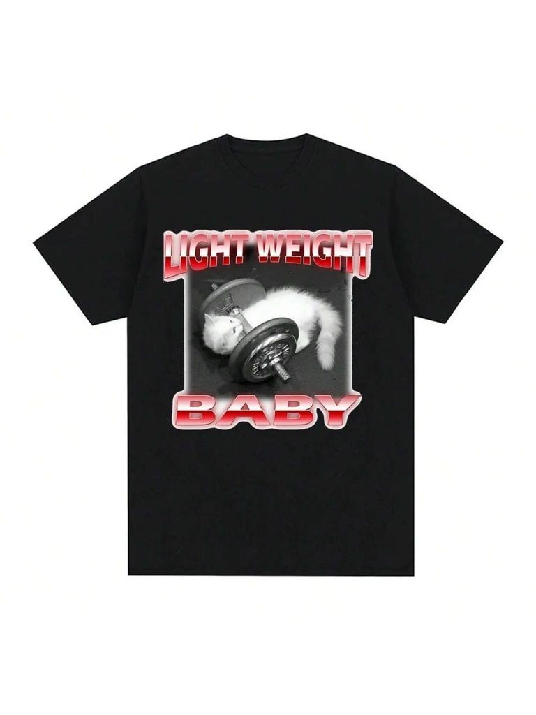 Funny Cute Cat Dumbbell Print Crew Neck T-Shirt Casual Loose Short Sleeve Fashion Summer T-Shirts Tops Women's Clothing 01336