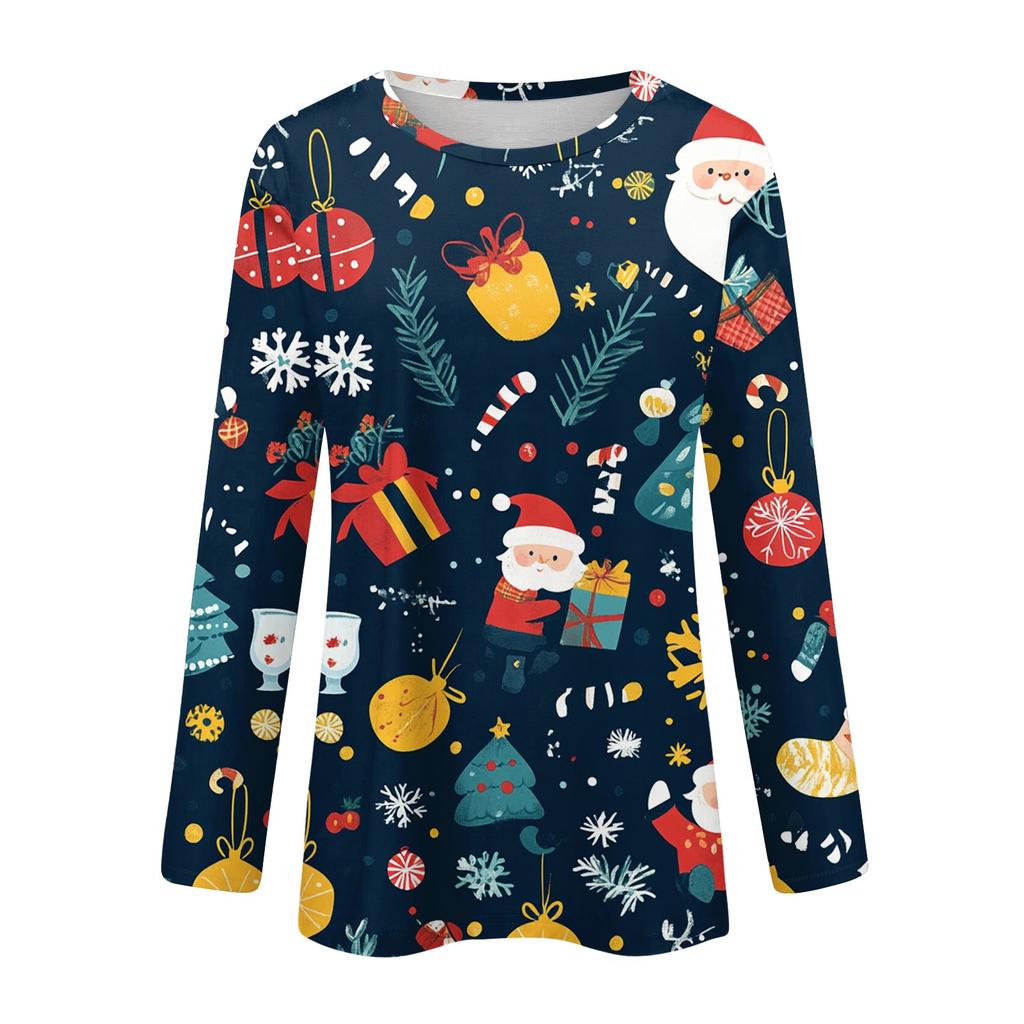 Женская модная повседневная футболка с круглым вырезом и рождественским принтом и длинными рукавами