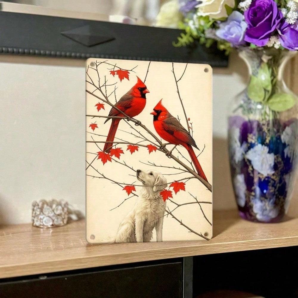 1pc Cardinals & Dog Retro Metal Tin Sign 12x8In 2D Flat Vintage Plaque Indoor Outdoor Wall Decor for Living Room Kitchen