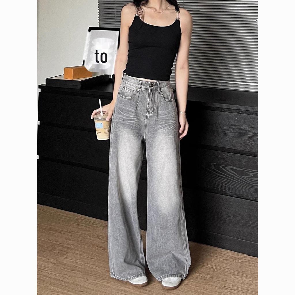 Женские серые джинсы с высокой талией и широкими штанинами 2024 года — новые свободные прямые брюки в стиле ретро-весны