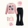 Girls' Sets Autumn and Winter Children's Pink Pullover, Five-pointed Star Printed Top, Black Slightly Flared Trousers Set