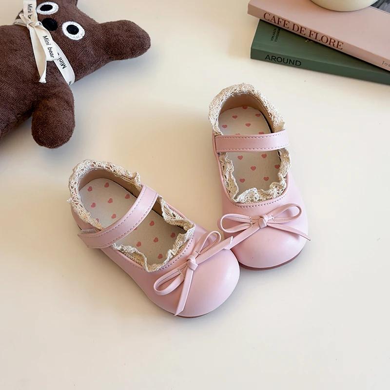 Princess Shoes Girls Lolita Lace Edge Mary Jane Flats Child Soft Sole Butterfly Casual Shoes Toddler Kids PU Leather Dress Shoe