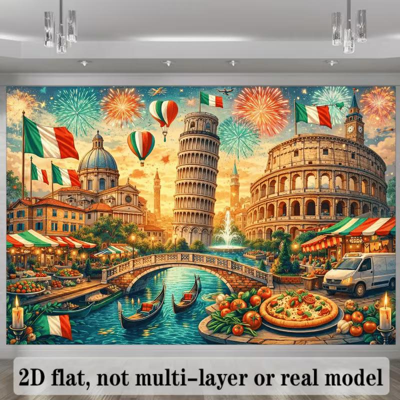 2D Colorful Italian Culture Backdrop with Landmarks, Pizza & Gondolas