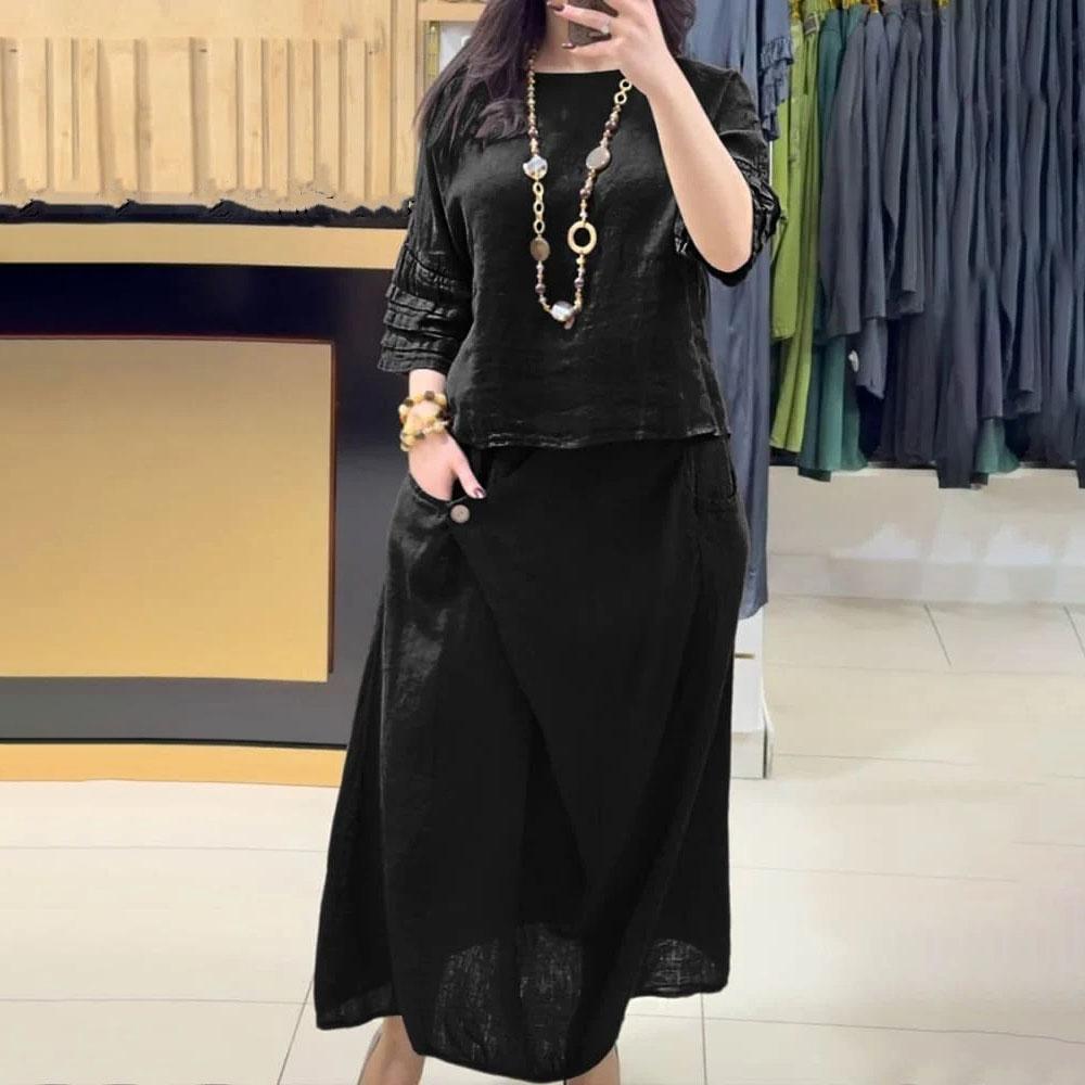 Женский однотонный повседневный хлопковый льняной комплект с рукавами 3/4 и круглым вырезом, топ и брюки